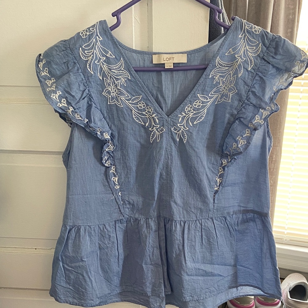 LOFT Light Blue Blouse with White Embroidery